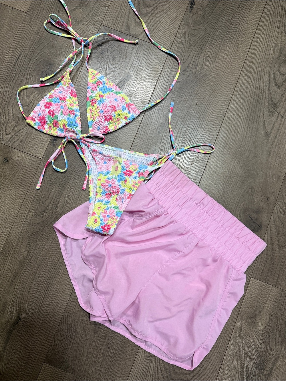 Floral Smocked Triangle Bikini Set and Pink Shorts